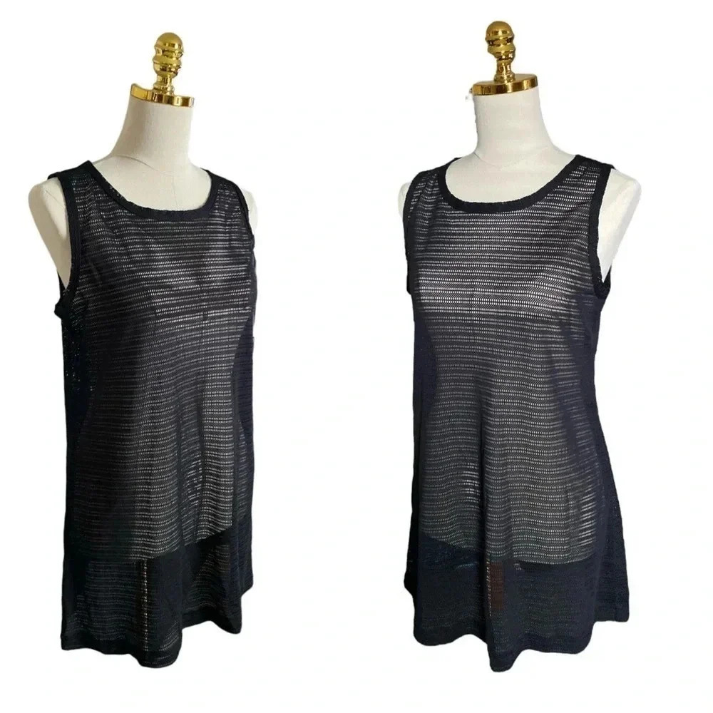 LA BLANCA | Black Mesh Sleeveless Tunic Beach Swimsuit Cover-Up Size L